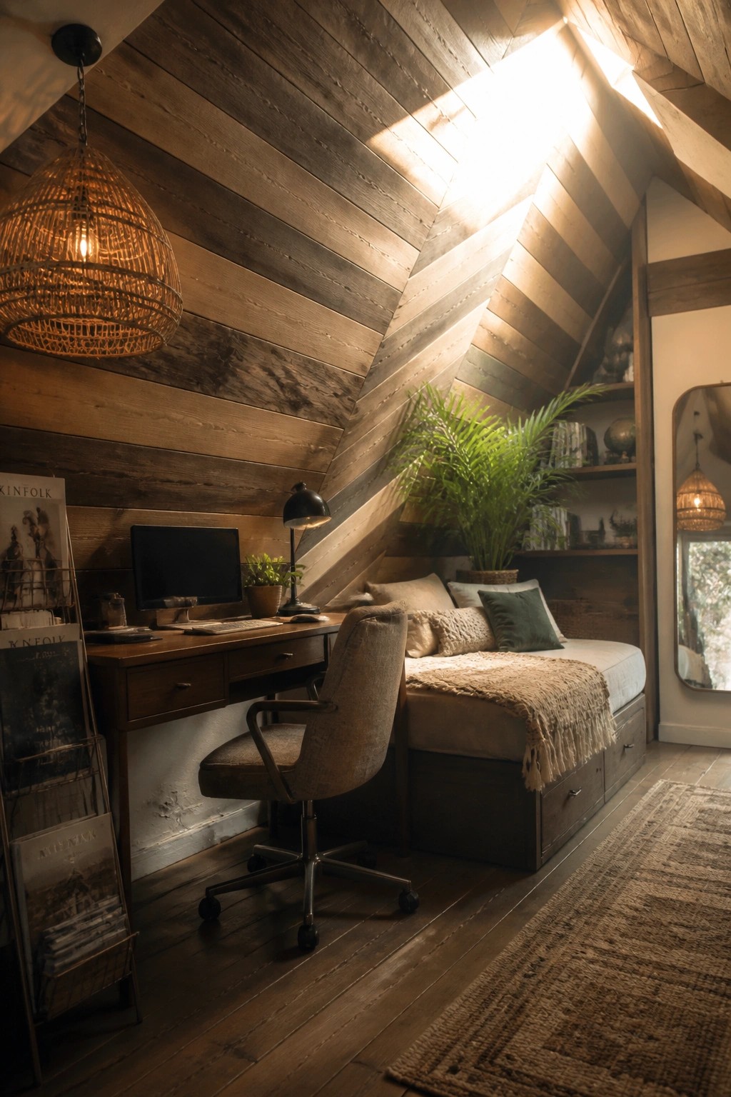 An attic room with mixed wood plank walls and ceiling, a wooden desk with computer, an office chair, and a daybed beneath a woven pendant light.
