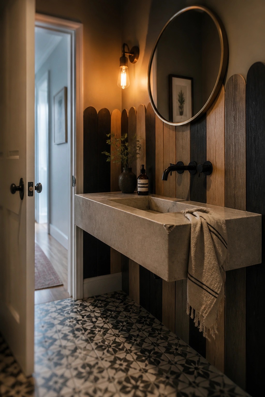 A bathroom sink area featuring a wall of vertical wooden planks in mixed light and dark tones, with a concrete floating sink and round mirror.