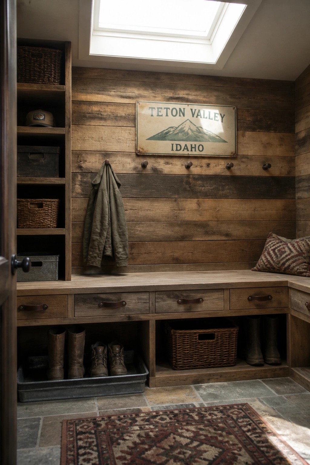 An interior mudroom with horizontal wood plank walls in mixed brown tones, a built-in wooden bench with drawers, and hooks mounted on the wall.