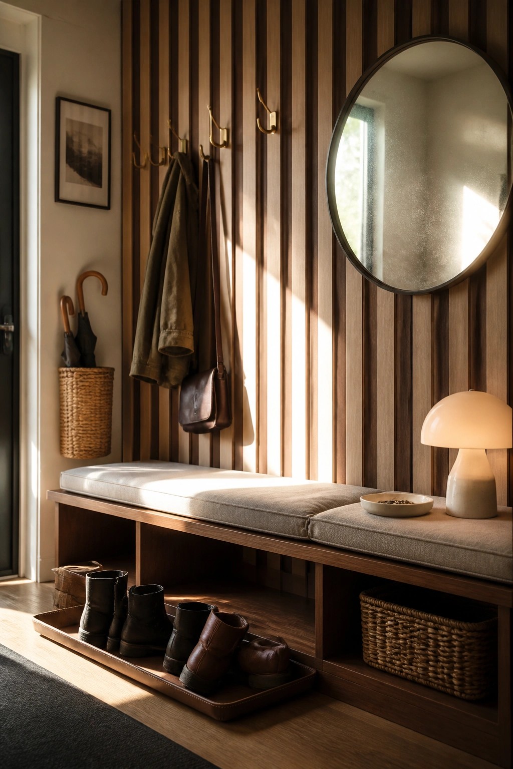 An interior entryway featuring a vertical wood slat accent wall in mixed brown tones, with a built-in bench, wall hooks, shoe storage, and a round mirror.