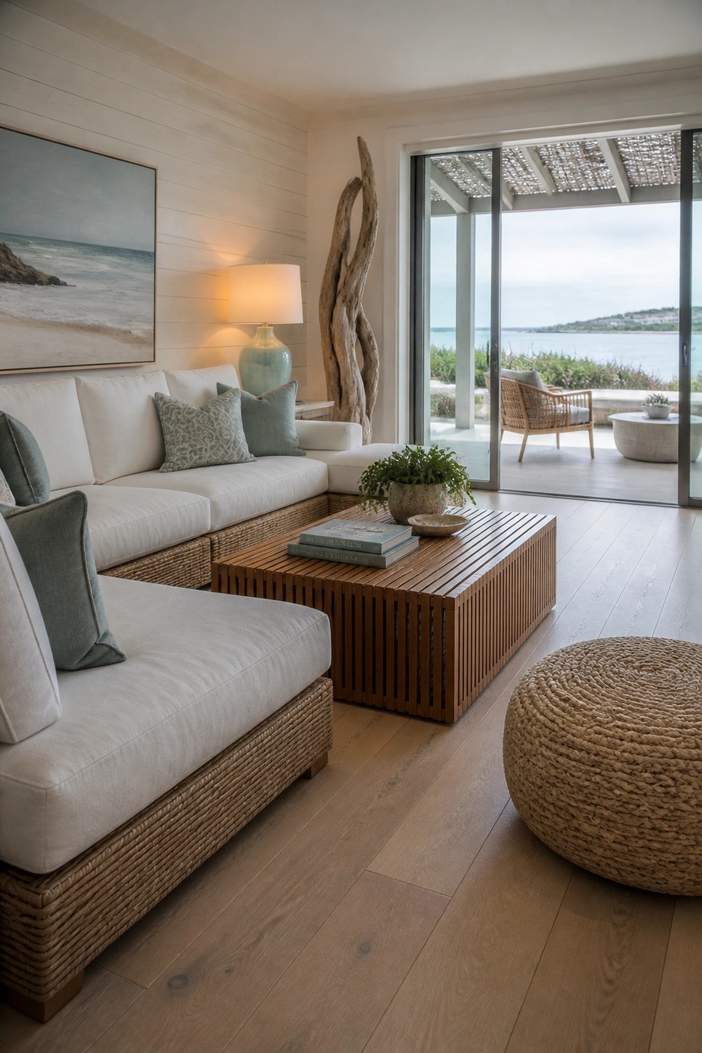 A living room with white upholstered sofas on woven bases, a slatted wooden coffee table, and large sliding glass doors opening to a view of the water.