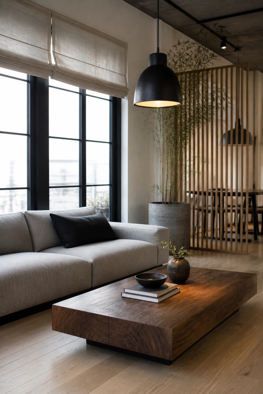 A living room featuring a light gray sofa, a large solid wood coffee table with books and a bowl on top, and a black pendant light hanging above.