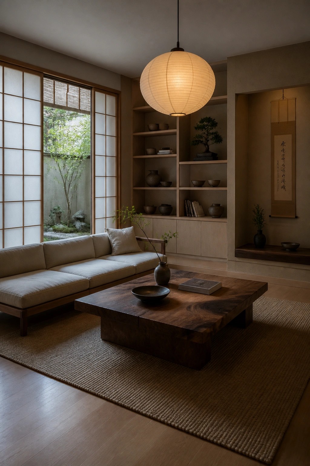 A minimalist living room featuring a large dark wood coffee table on a woven rug, a low beige sofa, built-in wooden shelving, and a round paper lantern hanging from the ceiling.