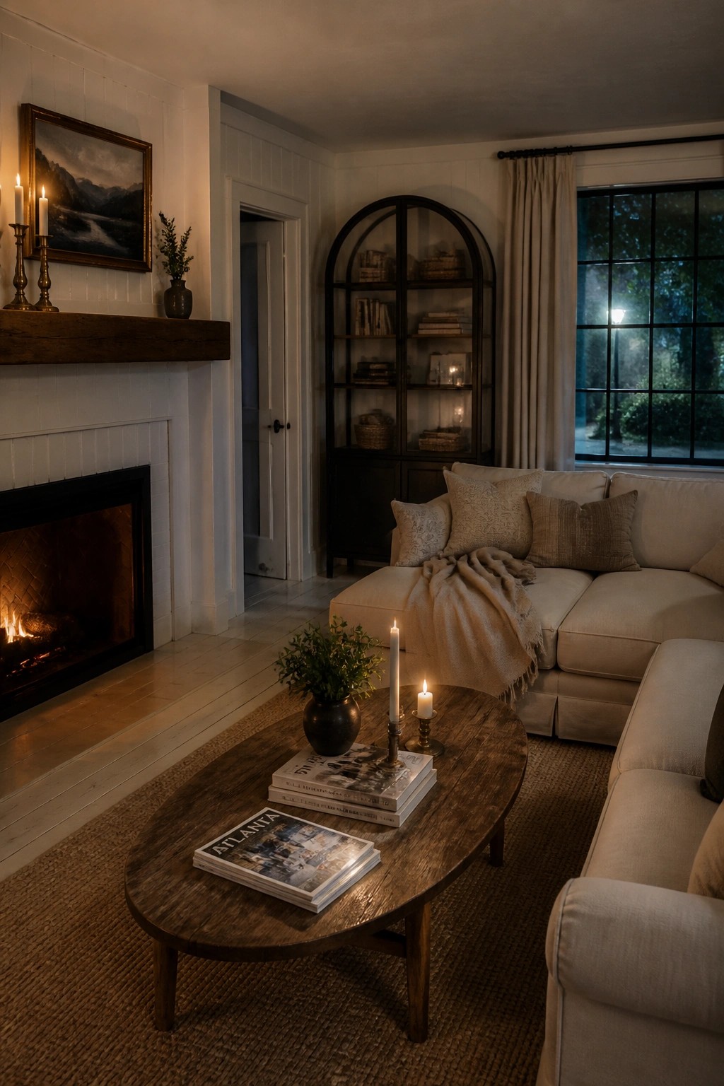 A living room featuring a dark wooden oval coffee table with books and candles, set on a woven rug in front of a light sofa near a fireplace with a wooden mantel.