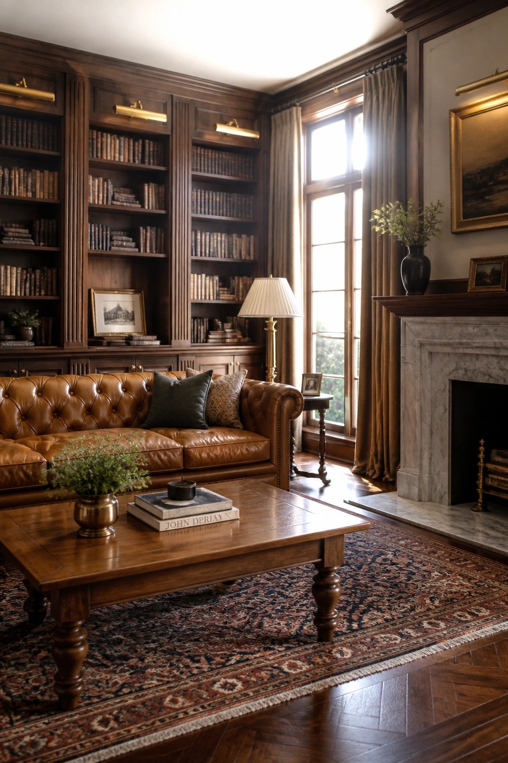 A living room with floor-to-ceiling dark wood built-in bookshelves, a brown leather sofa, a wooden coffee table on a patterned rug, and a marble fireplace.