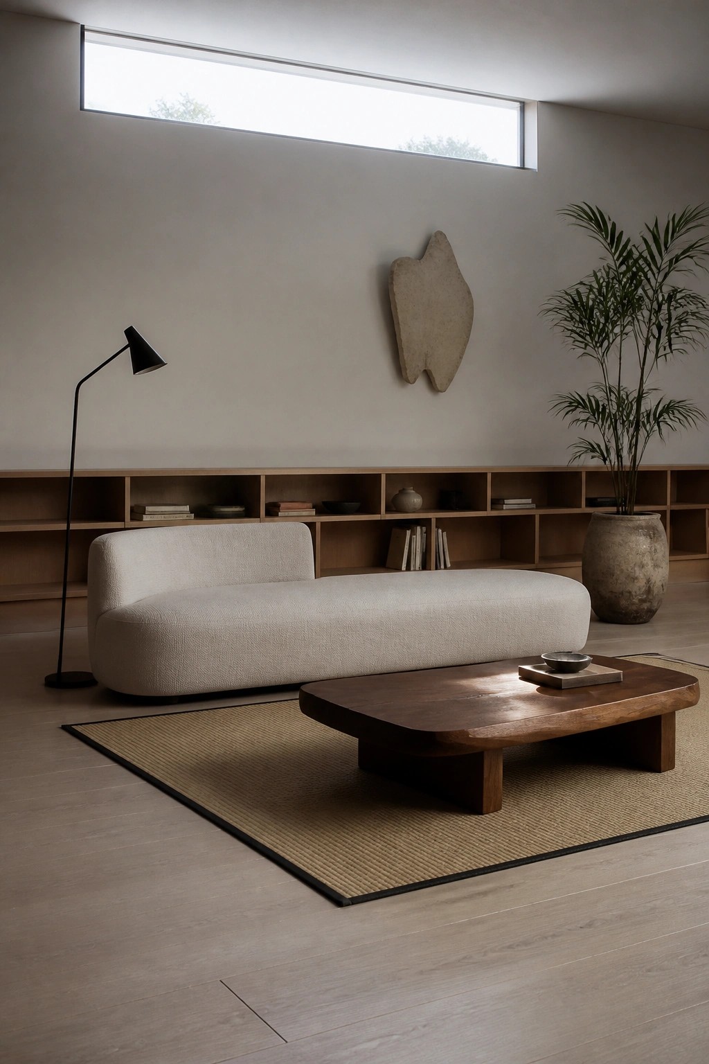 A living room with a white curved sofa in front of built-in light wood shelving, a dark wood coffee table on a woven rug, and a large potted plant beside the shelves.