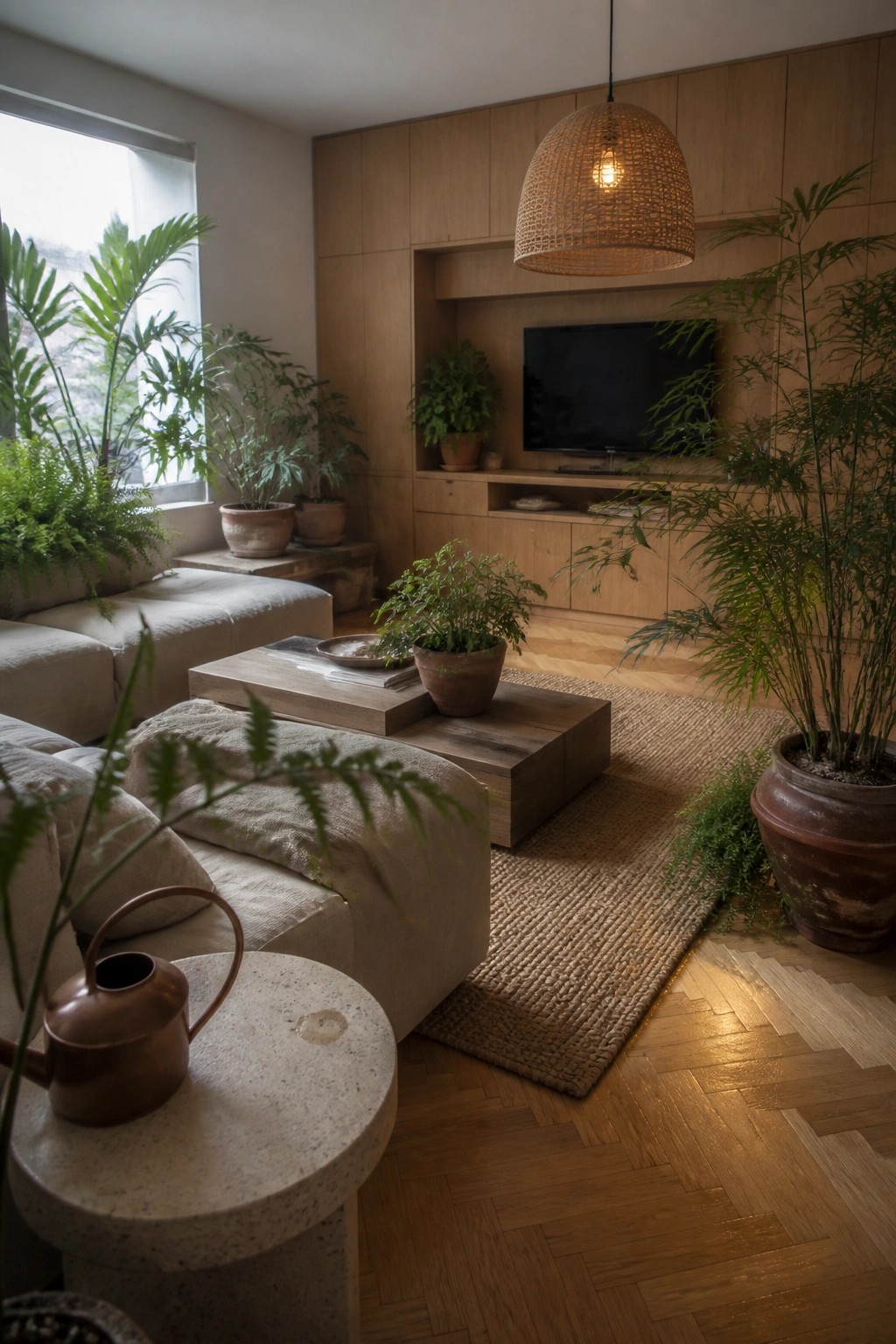 A living room with light wood built-in cabinetry surrounding a television, a wooden coffee table on a woven rug, a light-colored sofa, and multiple potted plants.