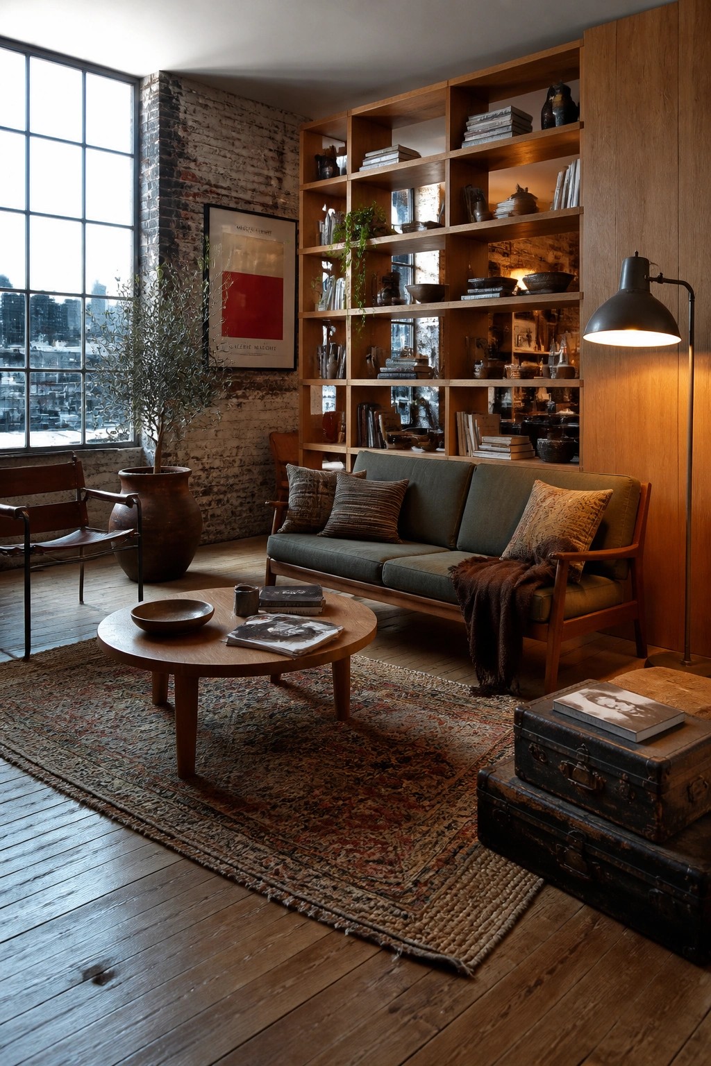 A living room featuring a large wooden built-in bookshelf unit filled with books and objects, a green sofa in front, a round wooden coffee table on a patterned rug, and a large window beside an exposed brick wall.