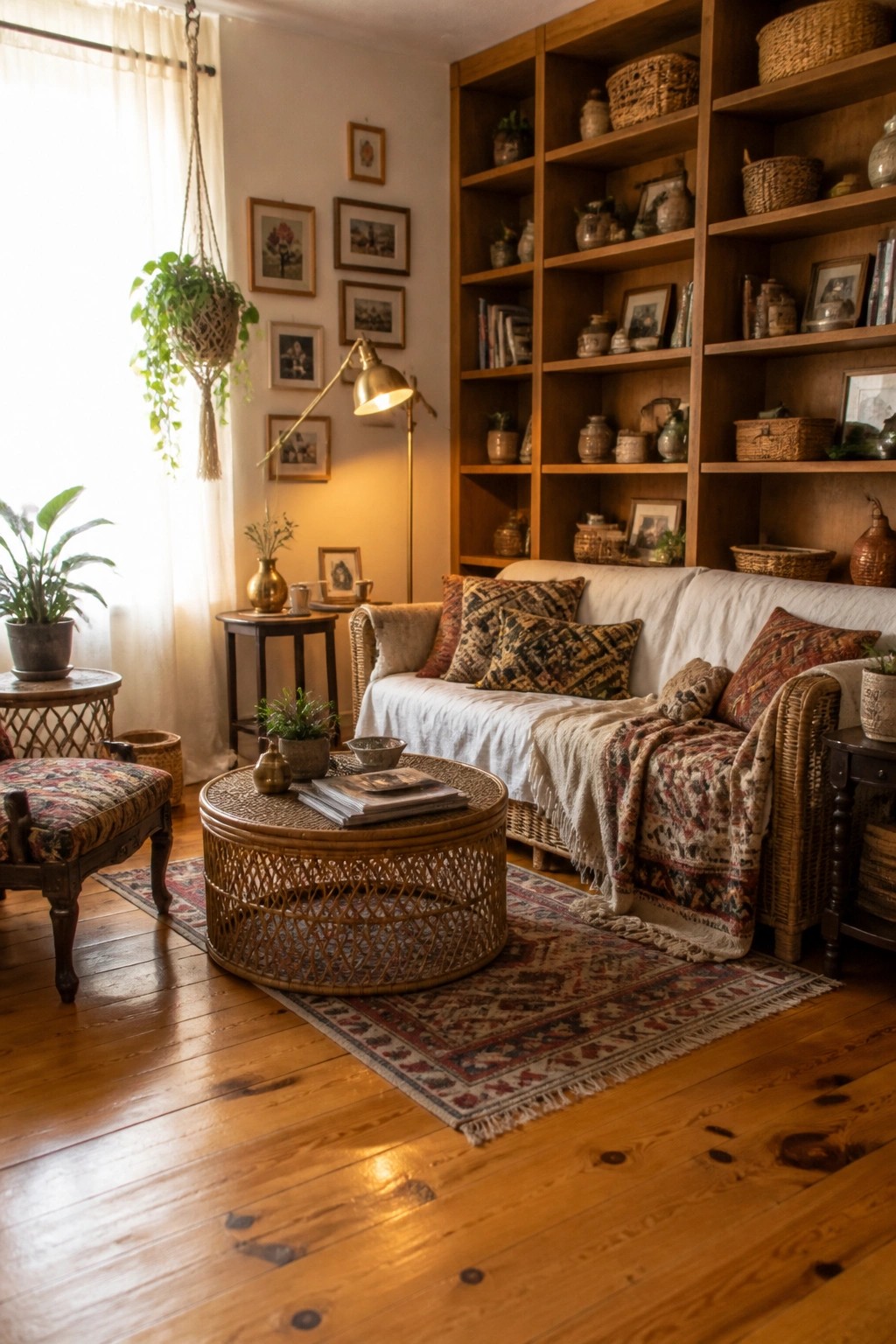 A living room featuring a large wooden built-in bookshelf filled with books, baskets, and decor, alongside a wicker sofa and round rattan coffee table.
