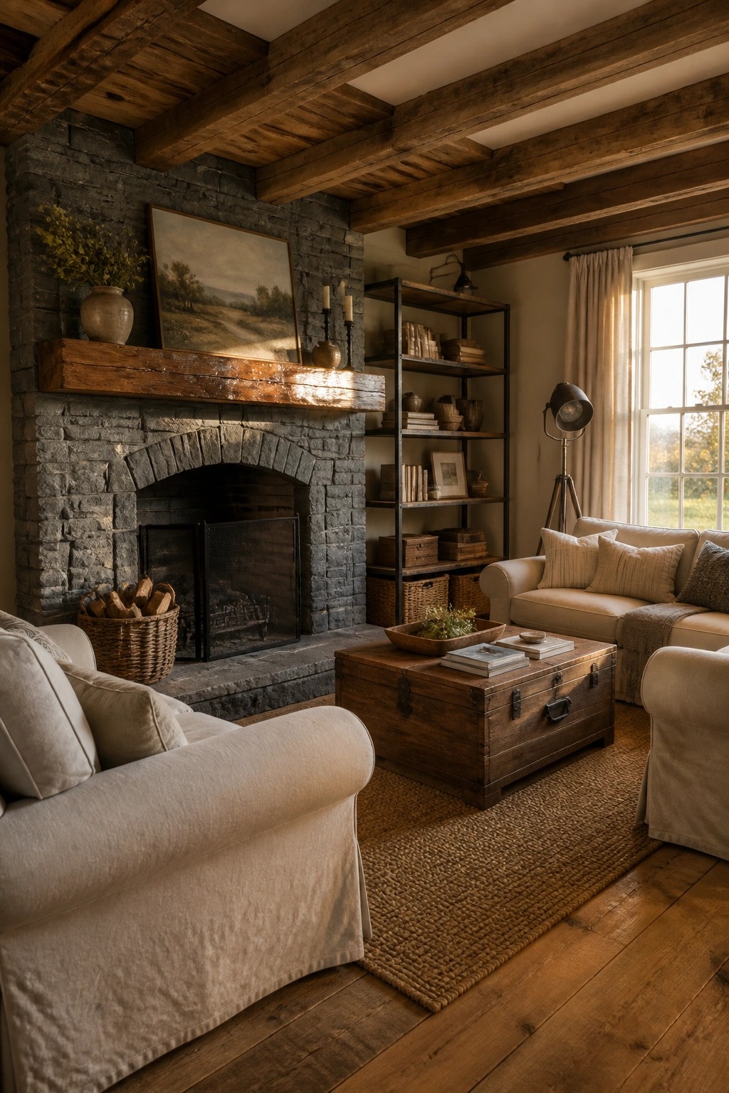 A living room featuring a stone fireplace with a wooden mantel, exposed ceiling beams, neutral sofas, a wooden trunk coffee table, and a woven rug on hardwood floors.