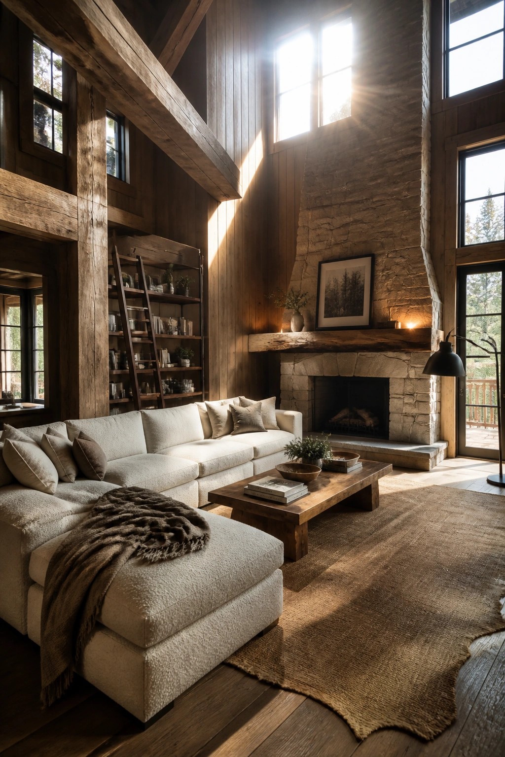 A spacious living room featuring a large light-colored sectional sofa, wooden coffee table on a burlap rug, and a tall stone fireplace, with prominent dark wooden beams and paneling visible throughout the high-ceilinged space.