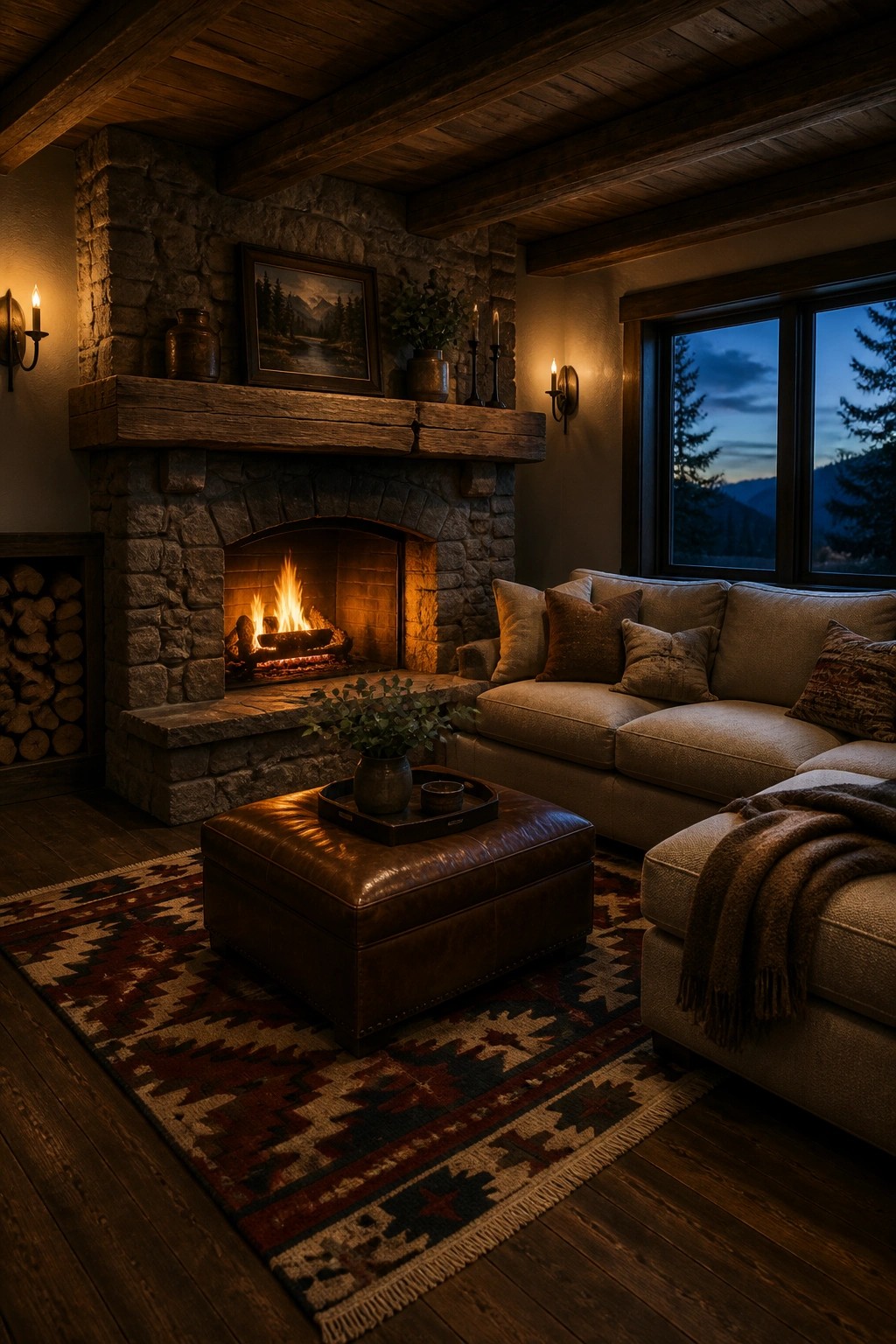 A living room at dusk with a large stone fireplace, wooden mantel, brown sectional sofa, leather ottoman on a patterned rug, and exposed wooden ceiling beams.
