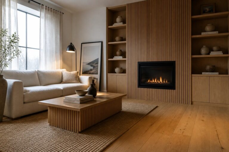 24 Beautiful Wood Living Room Ideas for a Relaxed Designer Vibe A modern living room featuring a light beige sofa, round wooden coffee table on a woven rug, built-in wooden shelves, and a black fireplace framed by vertical wood slats on the wall.