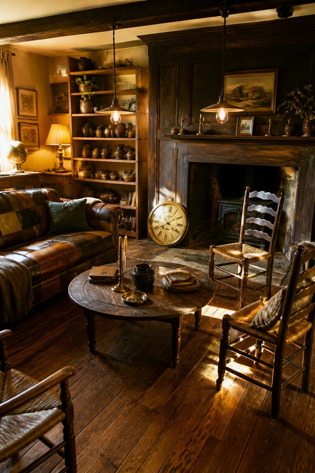 A living room featuring a patchwork leather sofa, round wooden coffee table, wooden ladderback chairs, built-in wooden shelves, and a large dark wood fireplace mantel.