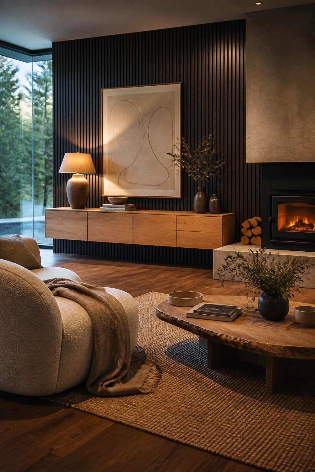 A living room with a long floating light wood media console against a dark vertical wood slat wall, topped with a lamp and artwork, next to a stone fireplace and a round wood coffee table on a woven rug.
