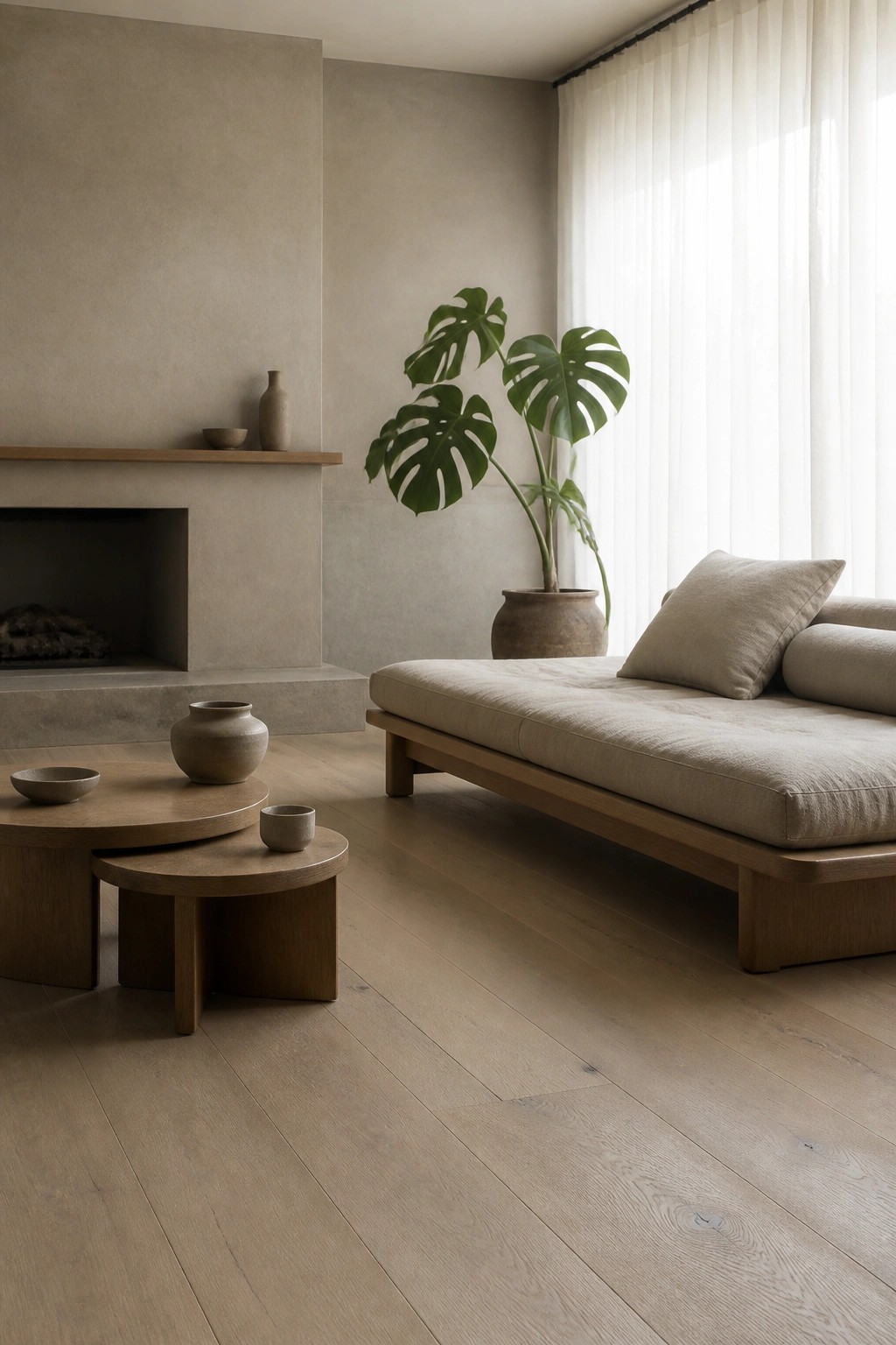 A minimalist living room featuring a low wooden daybed with beige cushions, nesting round wooden coffee tables, a large potted monstera plant, and a concrete fireplace against neutral walls and light wood flooring.