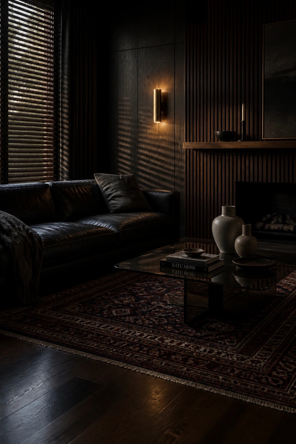 A living room with dark vertical wood paneling, a black leather sofa, glass coffee table, and wall sconce lighting.
