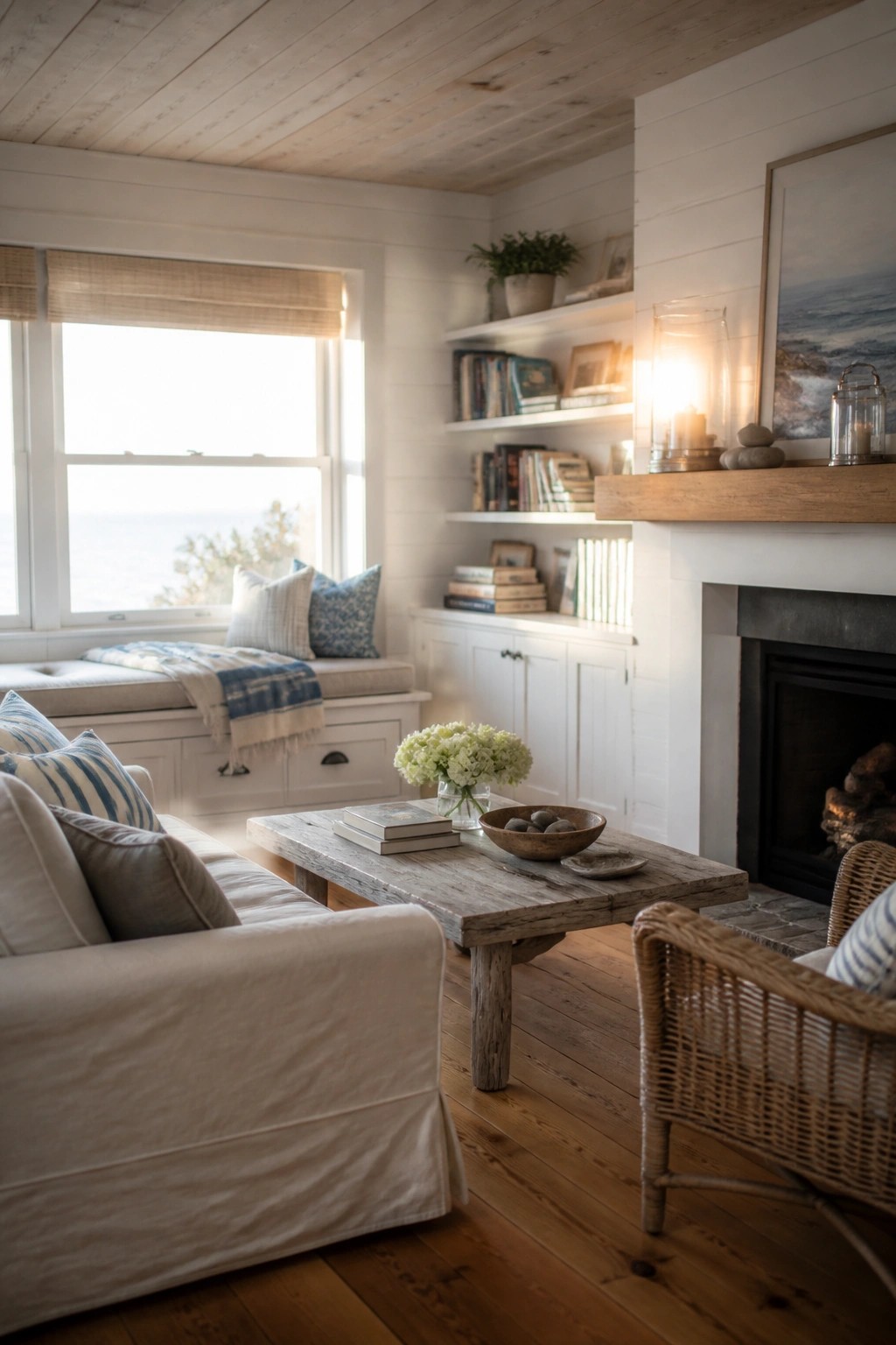 A bright living room with white walls and ceiling, wood floors, a white sofa, a rustic wooden coffee table, built-in shelves, and a fireplace mantel.