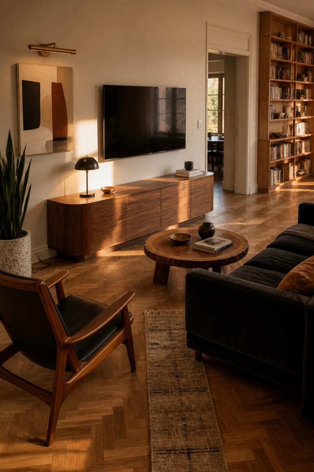 A living room featuring a long wooden media console beneath a wall-mounted television, a round wooden coffee table, a wooden armchair with black leather, and a dark sofa arranged on herringbone wood flooring.