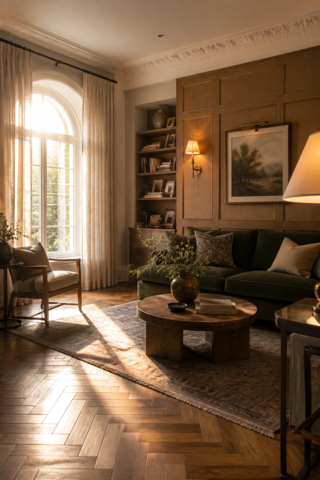 Living room with green sofa against wood paneled wall, round wooden coffee table, built-in shelves, and large arched window with sheer curtains.