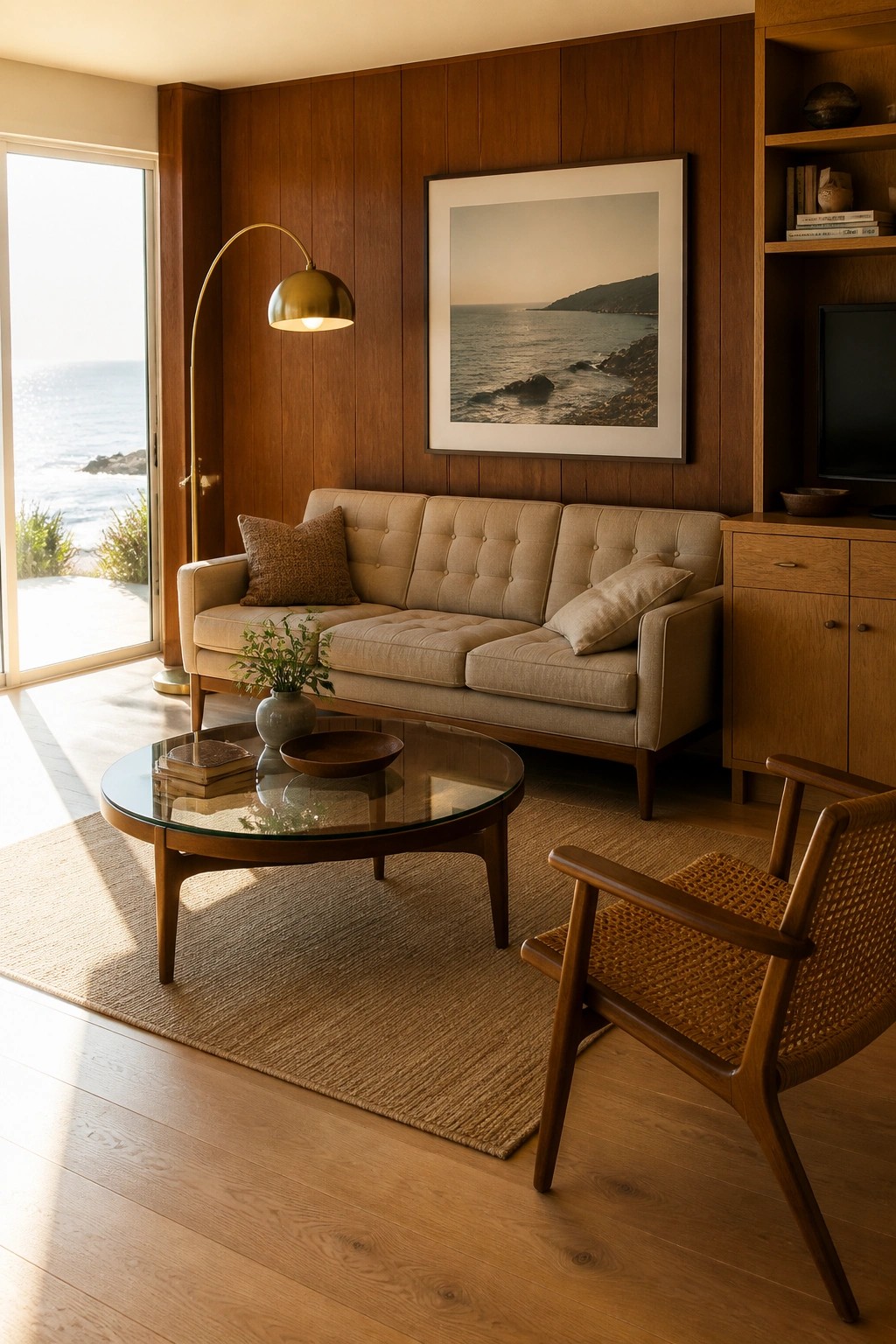 A living room featuring vertical wood paneling, a tufted sofa, a round coffee table, and a woven chair arranged on a large rug with a view to the ocean through glass doors.