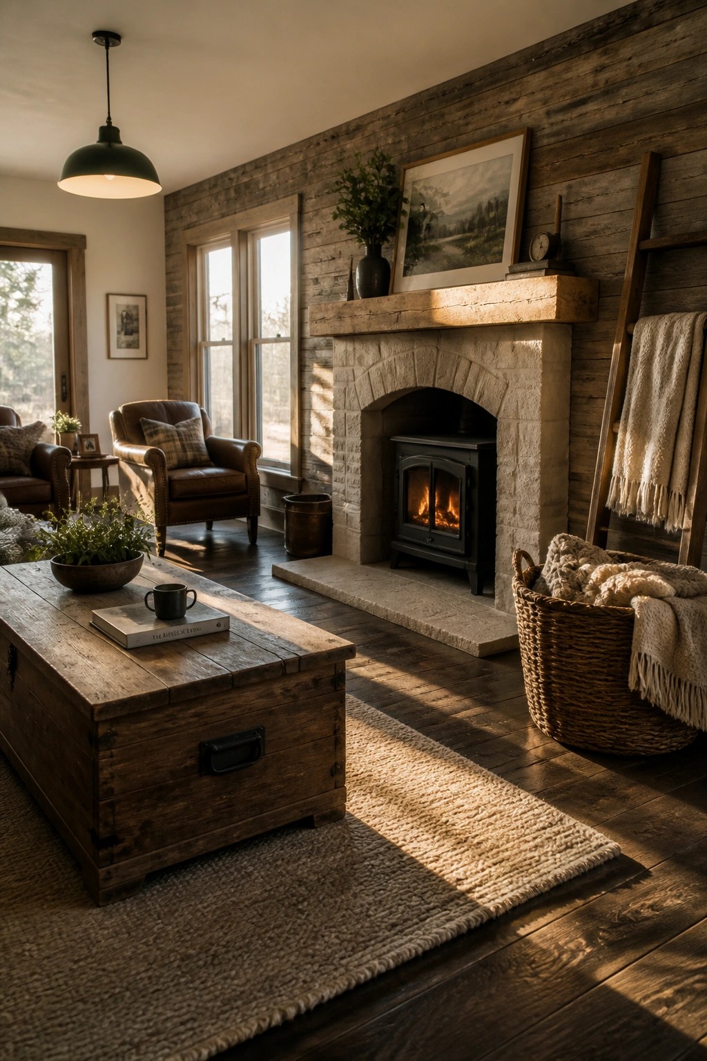 Cozy rustic living room with stone fireplace, wooden chest table, and leather chairs