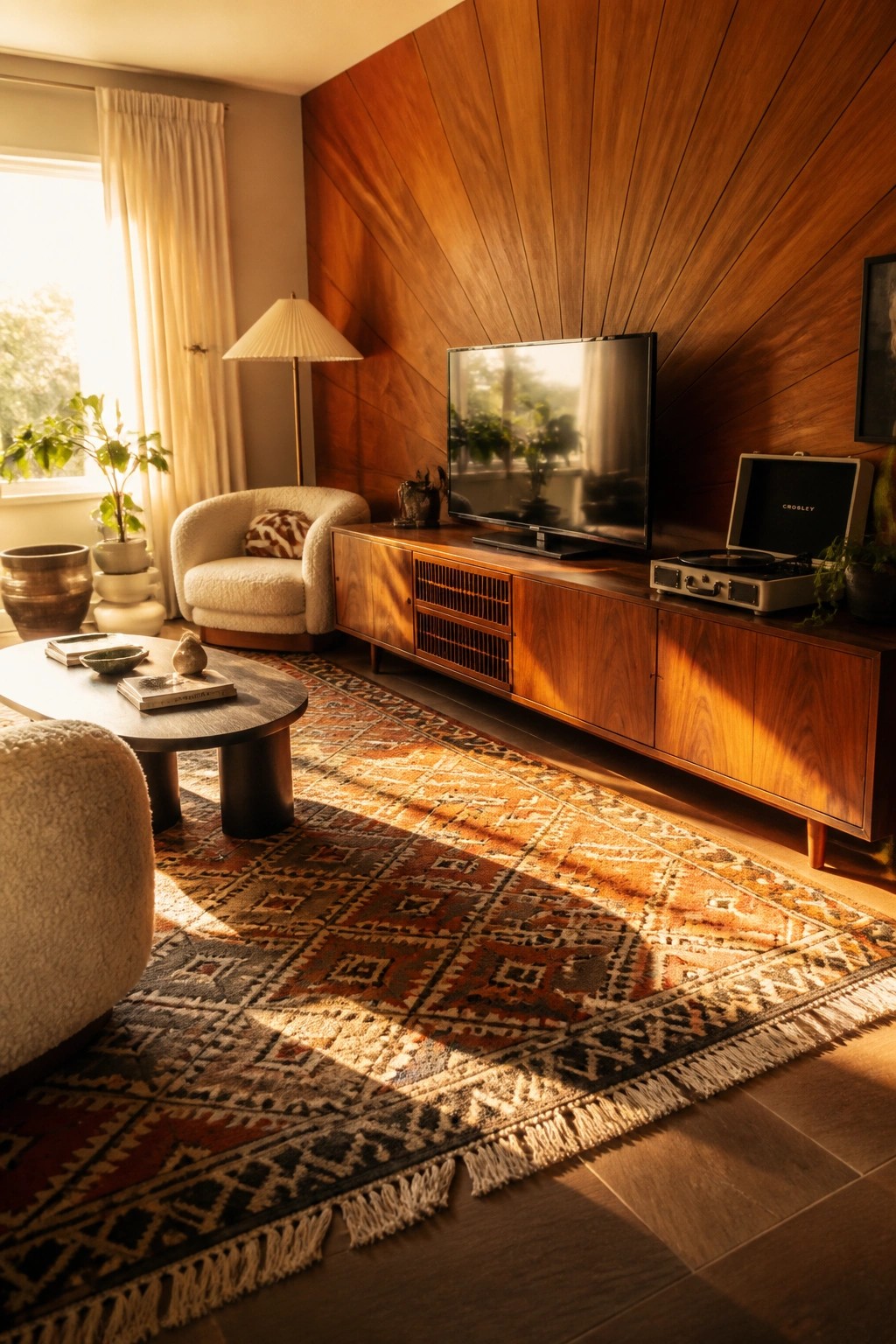 A living room featuring a large wood-paneled accent wall with a TV and wooden media console, a patterned rug, and a round coffee table near a window.