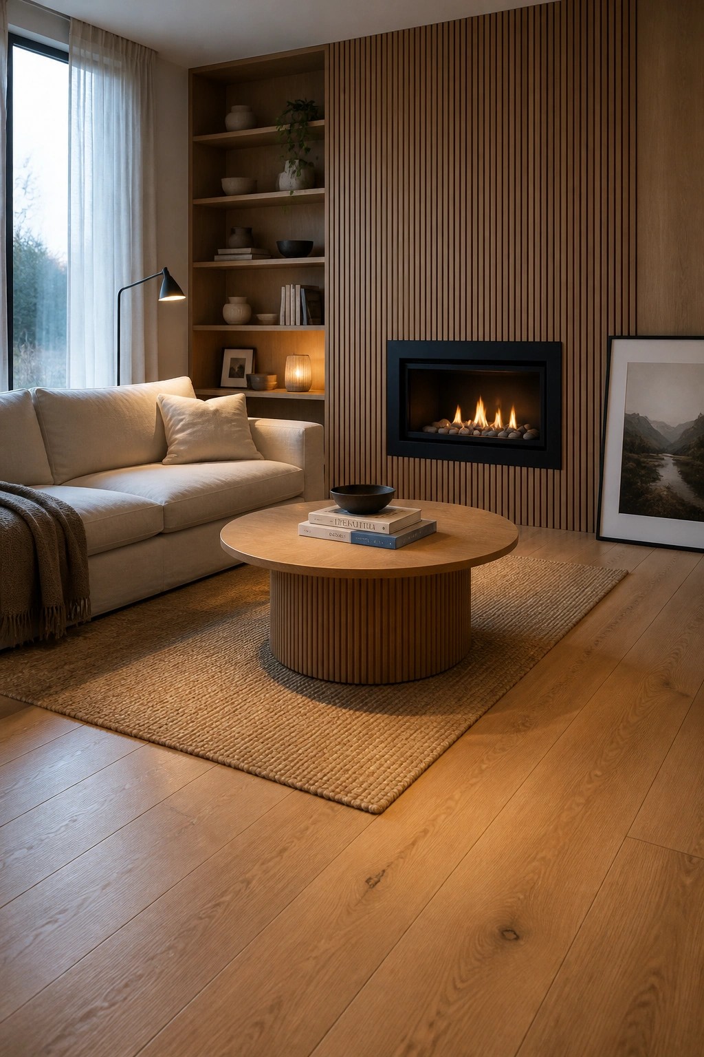 A modern living room featuring a light beige sofa, round wooden coffee table on a woven rug, built-in wooden shelves, and a black fireplace framed by vertical wood slats on the wall.