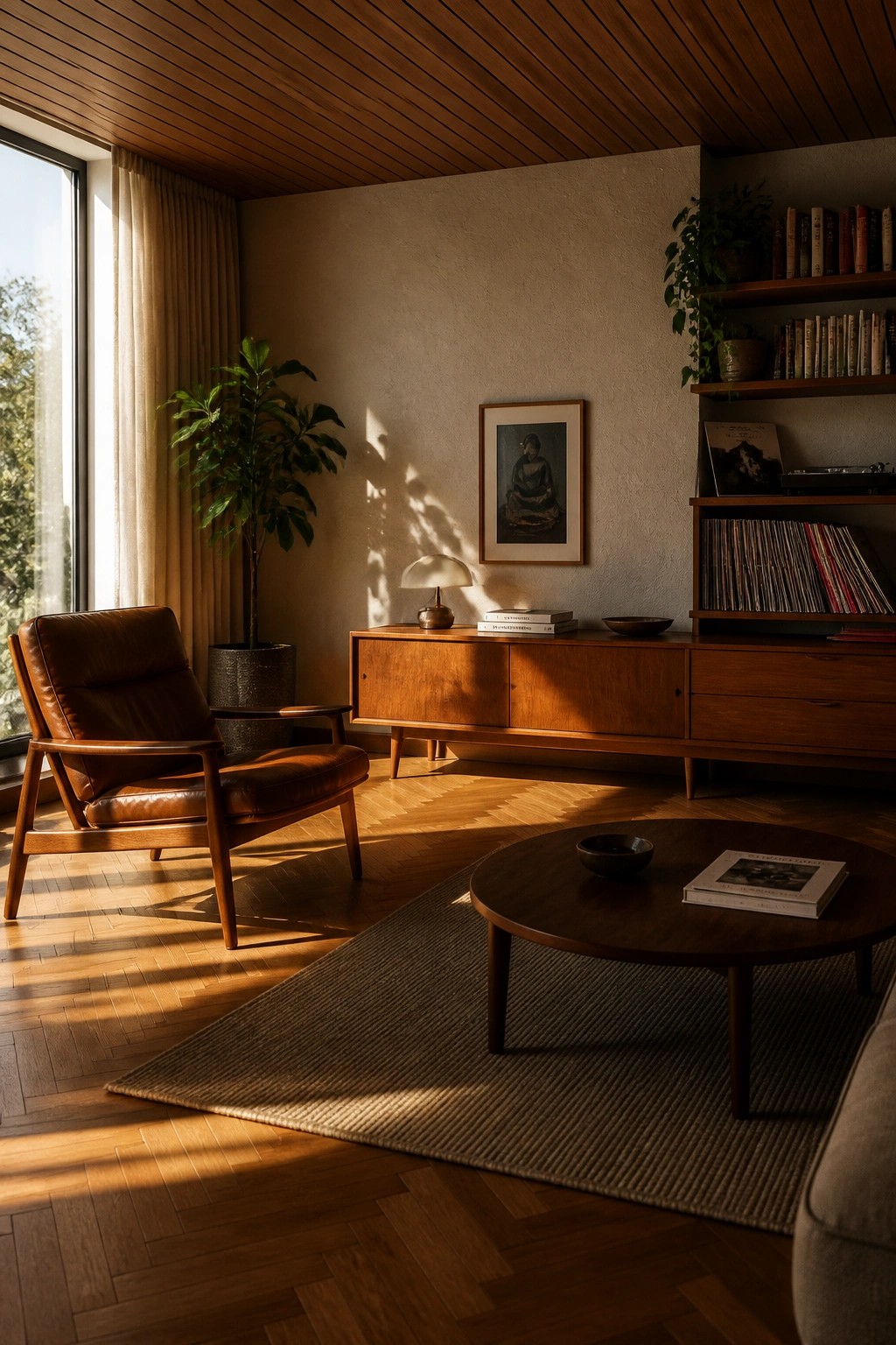 Sunlit mid-century living room with leather armchair, wooden credenza, and round coffee table