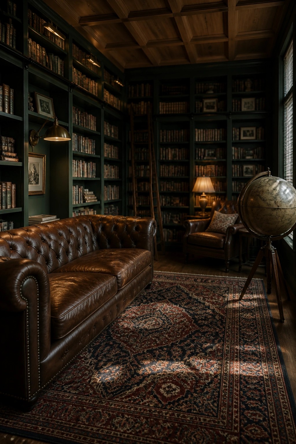 A library interior with dark green built-in bookshelves, a brown leather sofa, and a coffered wooden ceiling.