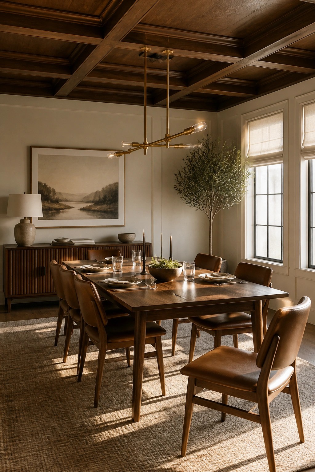Elegant dining room with dark wood table, leather chairs, and brass chandelier.