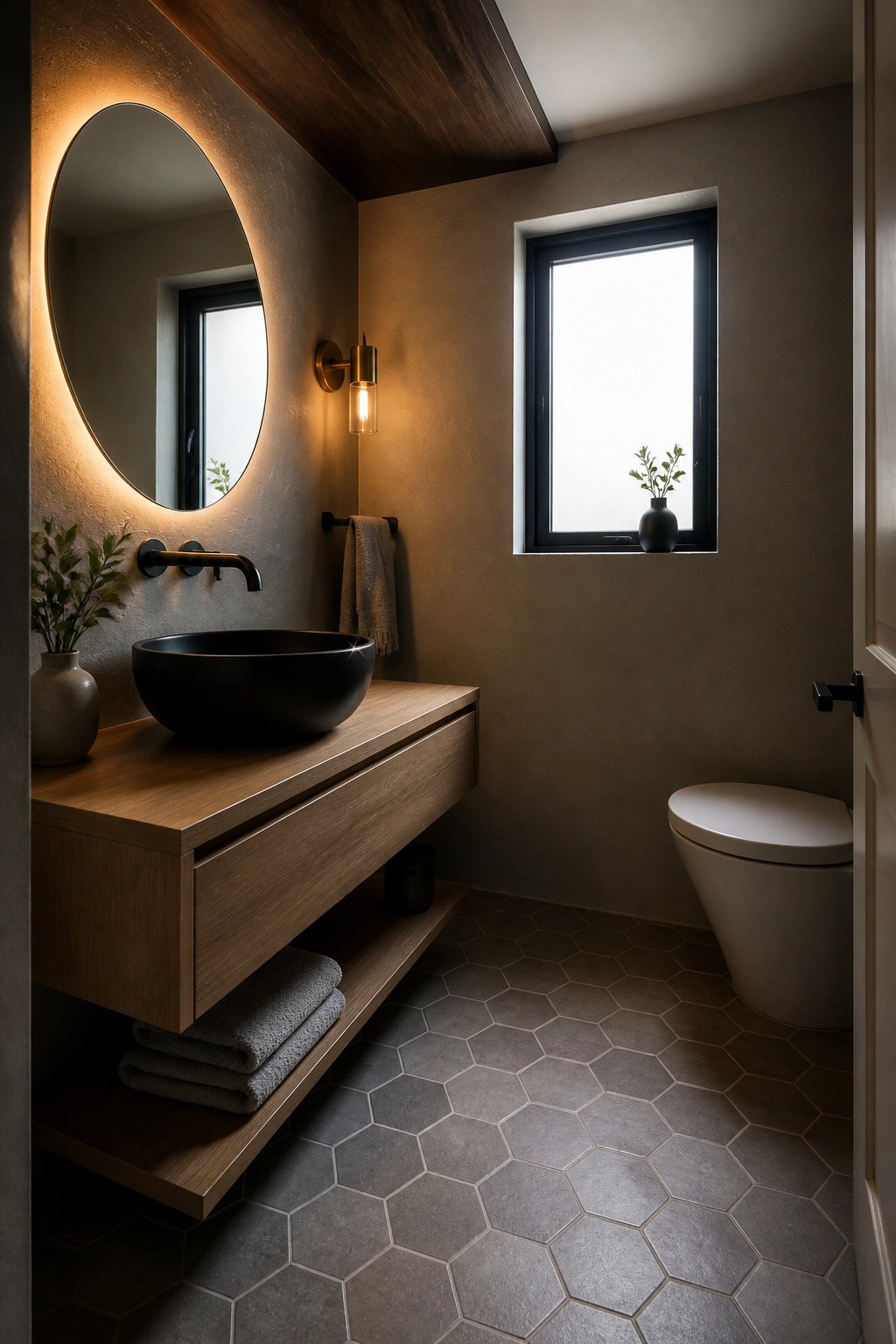 A modern bathroom featuring a dark wooden ceiling, a round backlit mirror above a black vessel sink on a floating wood vanity, gray hexagonal floor tiles, and a white toilet near a small window.
