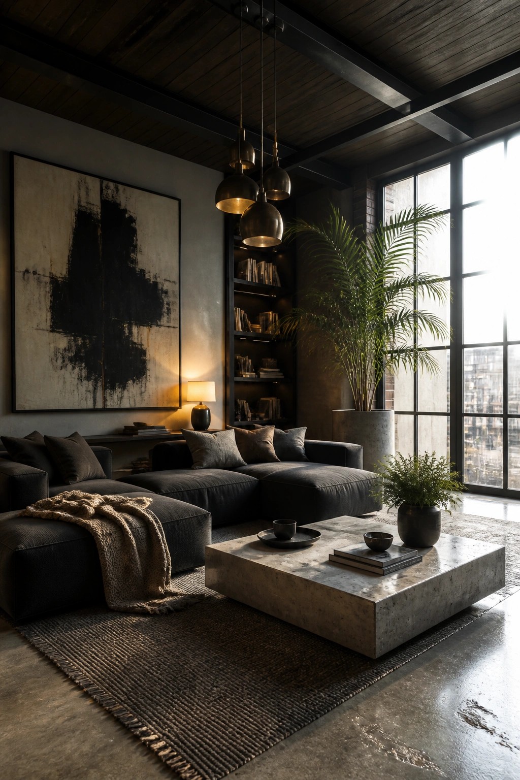 A modern living room featuring a dark wooden ceiling, dark sectional sofa, large abstract wall art, concrete coffee table, and tall windows with a potted palm.