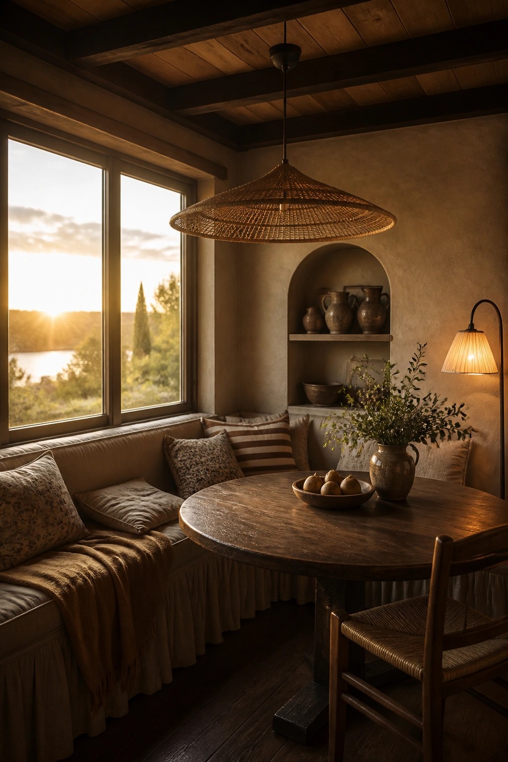 An interior dining space with a round wooden table, cushioned bench seating, large windows, and a wooden ceiling with exposed beams and a woven pendant light.