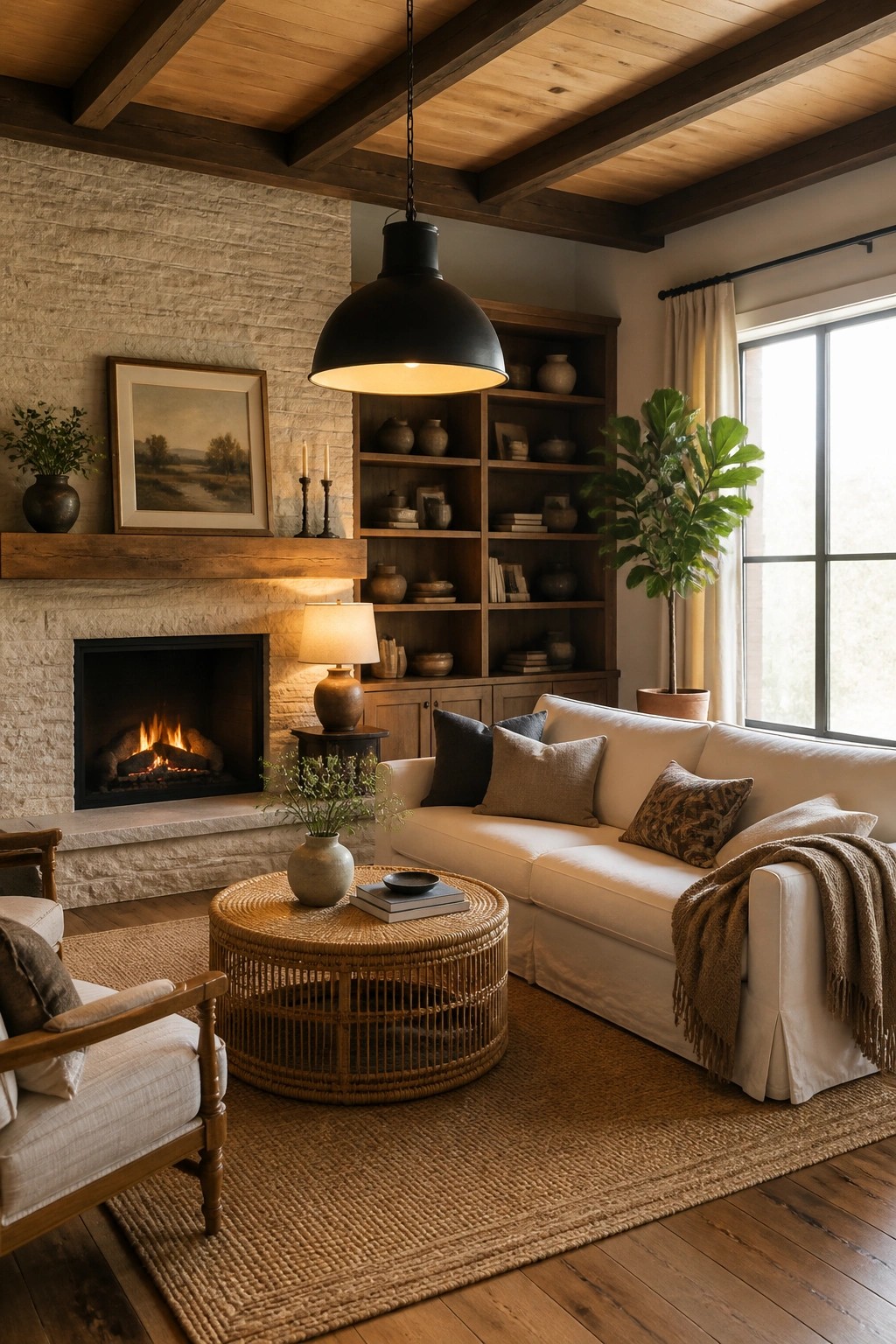 A living room featuring a white sofa, round woven coffee table, stone fireplace, built-in wooden shelves, and prominent exposed wooden ceiling beams with a black pendant light.