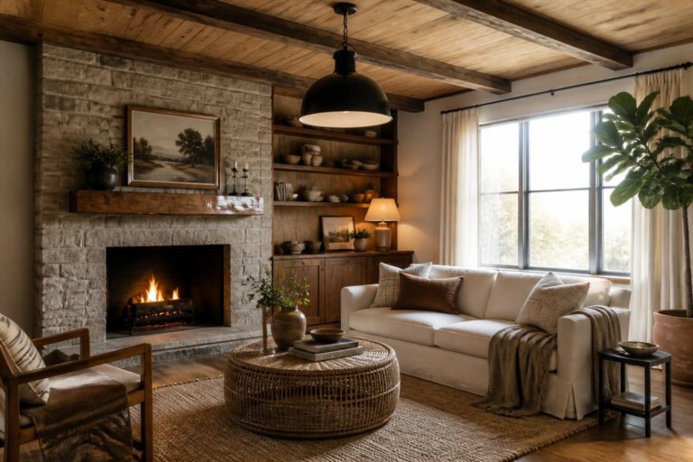 24 Beautiful Wooden Ceiling Ideas Built Around Warm Natural Texture A living room featuring a white sofa, round woven coffee table, stone fireplace, built-in wooden shelves, and prominent exposed wooden ceiling beams with a black pendant light.