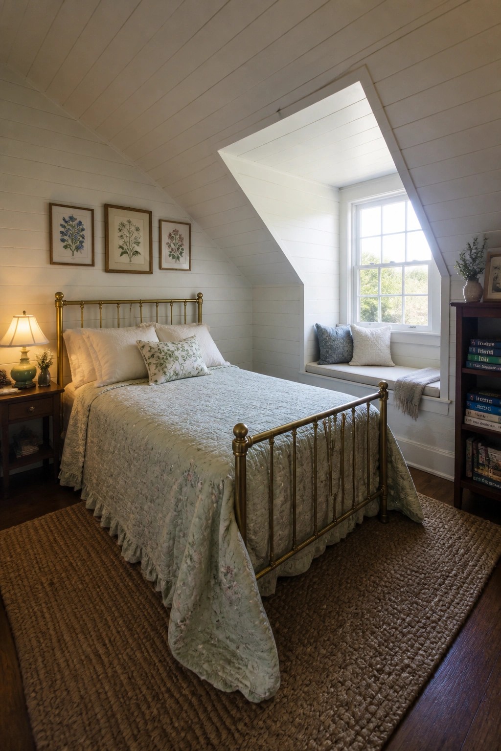 A bedroom with white painted wood plank ceiling, brass bed frame, light blue quilt, and window seat under a sloped roof.