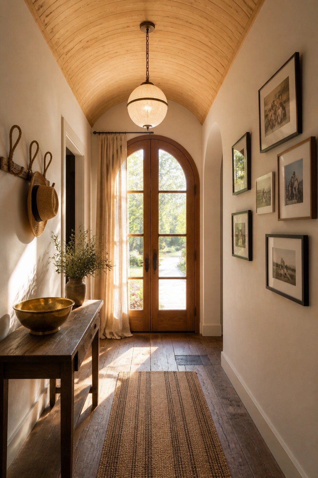 Interior hallway with a curved wood ceiling, double arched doors at the end, a wooden console table, and framed photos along the right wall.
