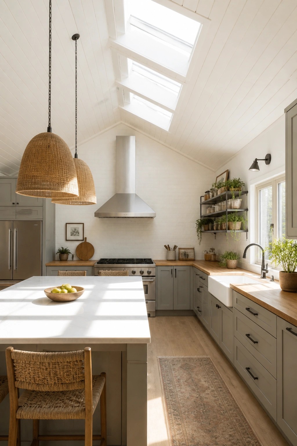 A bright kitchen interior with a white wooden vaulted ceiling, skylights, gray cabinets, and a large central island.