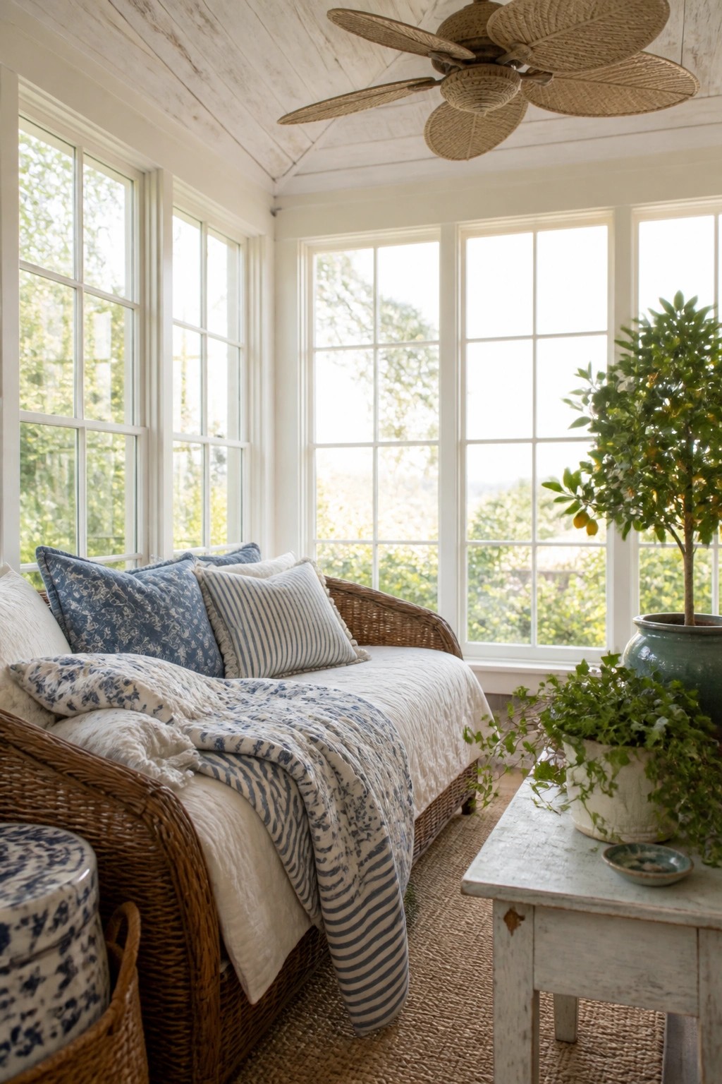 Interior view of a sunroom with white wooden plank ceiling, woven ceiling fan, wicker sofa with blue and white textiles, large windows, and potted plants on a wooden table.