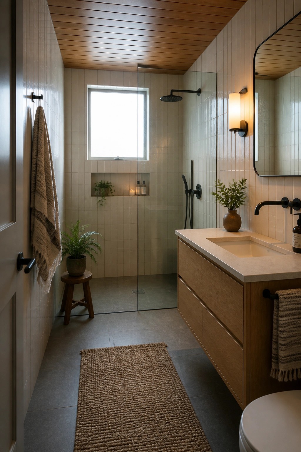 Modern narrow bathroom with tiled shower, wooden vanity, plants, and woven rugs.