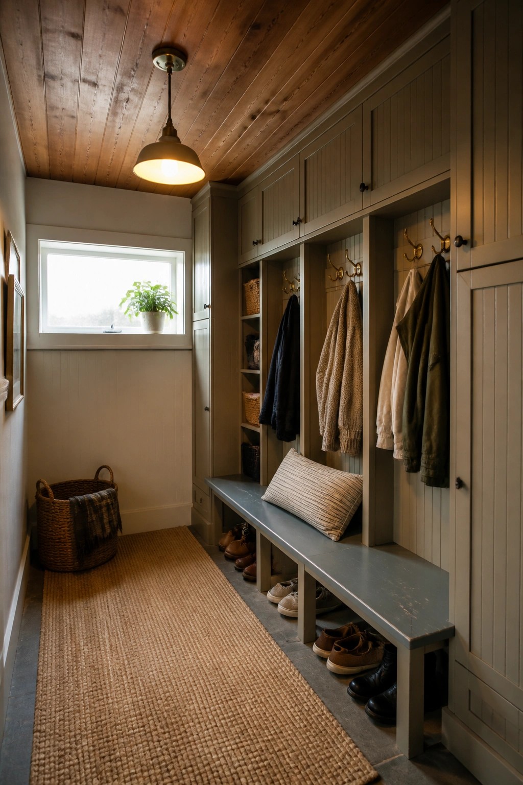 A narrow mudroom featuring a wooden plank ceiling, built-in gray cabinetry with hooks, a long bench, and various shoes stored underneath.