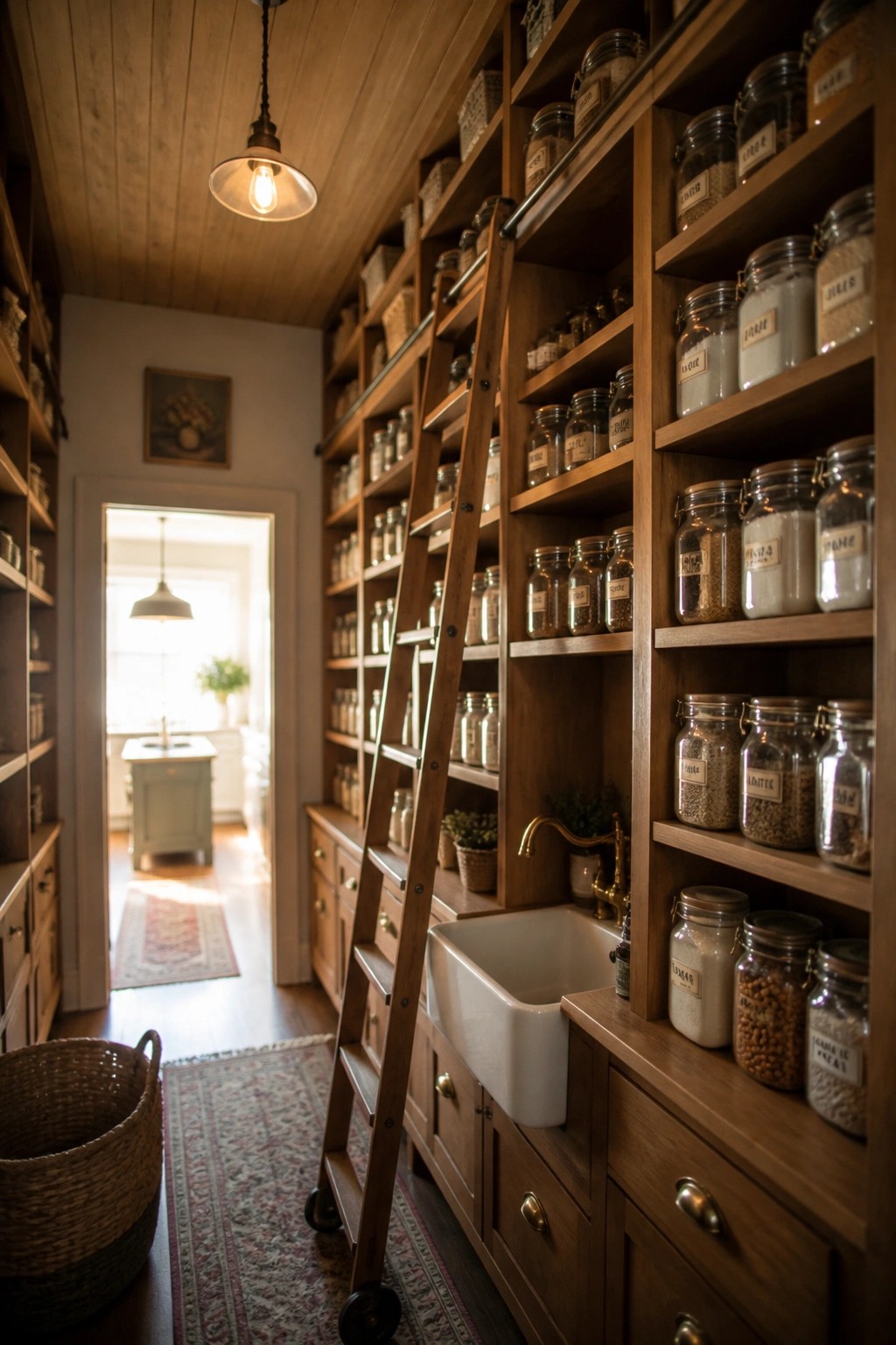 Wooden pantry shelves with labeled jars, rolling ladder, and white sink