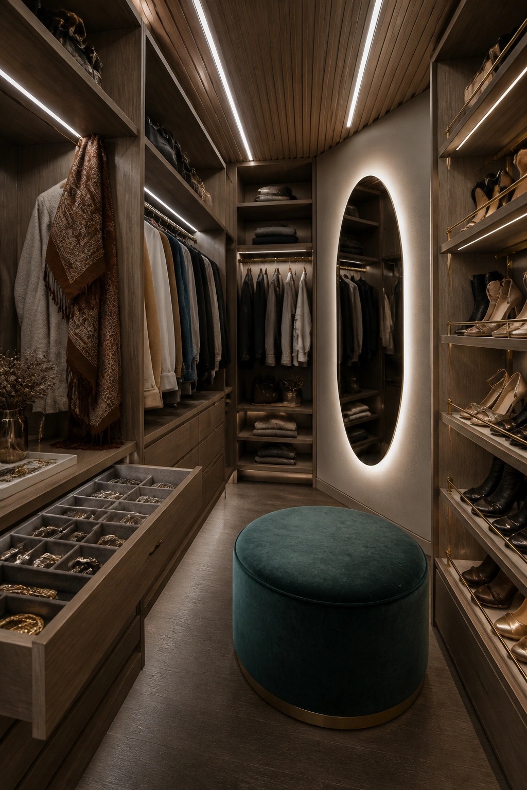 Interior view of a walk-in closet with linear wood plank ceiling, built-in shelving, clothing racks, an oval backlit mirror, and a round teal ottoman.
