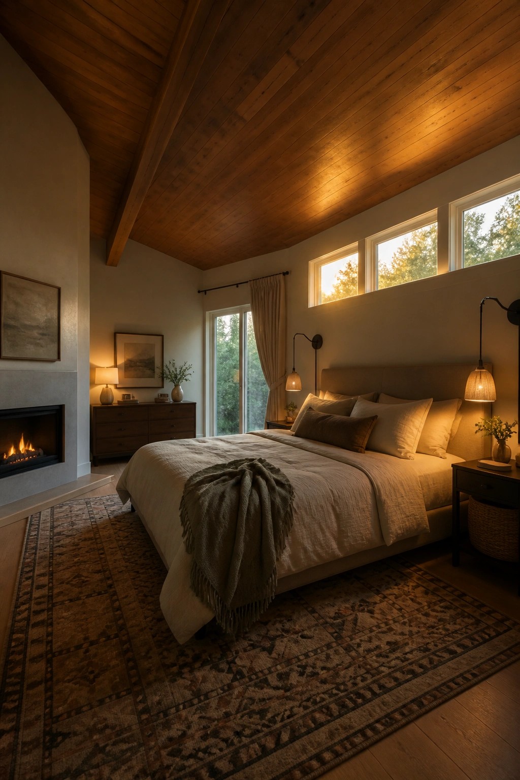 A bedroom featuring a vaulted wooden ceiling, a large bed with neutral linens, a fireplace on the left wall, and windows along the right.