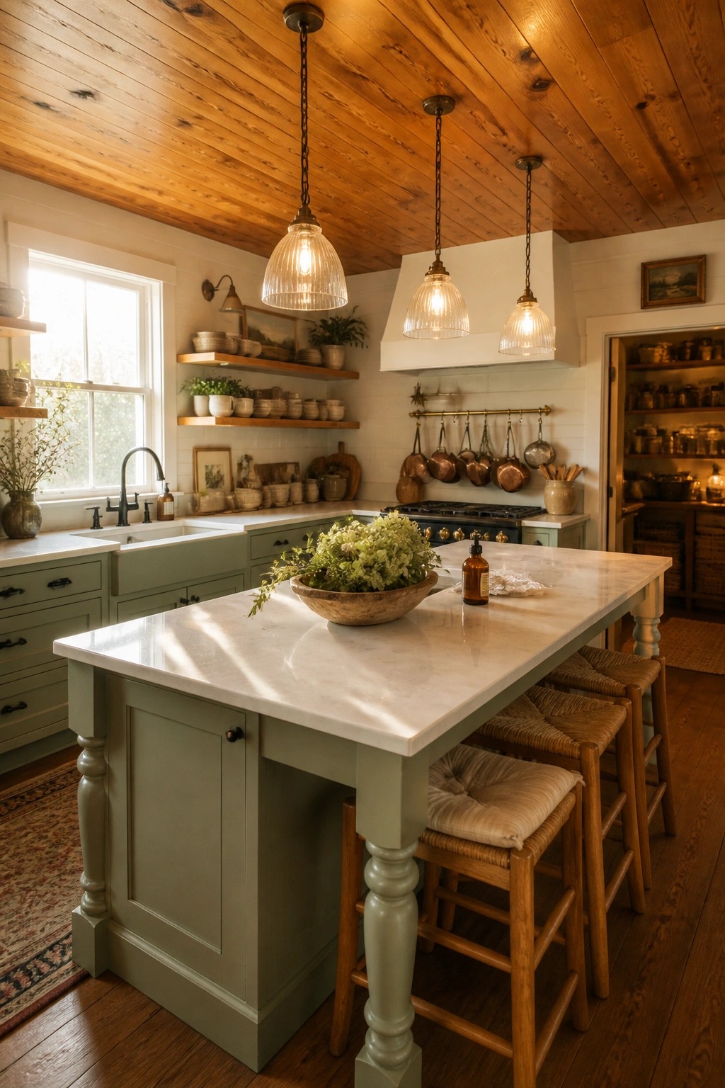 Rustic kitchen with sage green island, marble top, and wooden stools