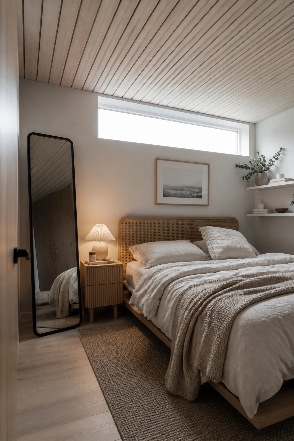 A bedroom featuring a light wood slatted ceiling, a bed with white and beige bedding, a full-length mirror on the left wall, and a horizontal window above the headboard.