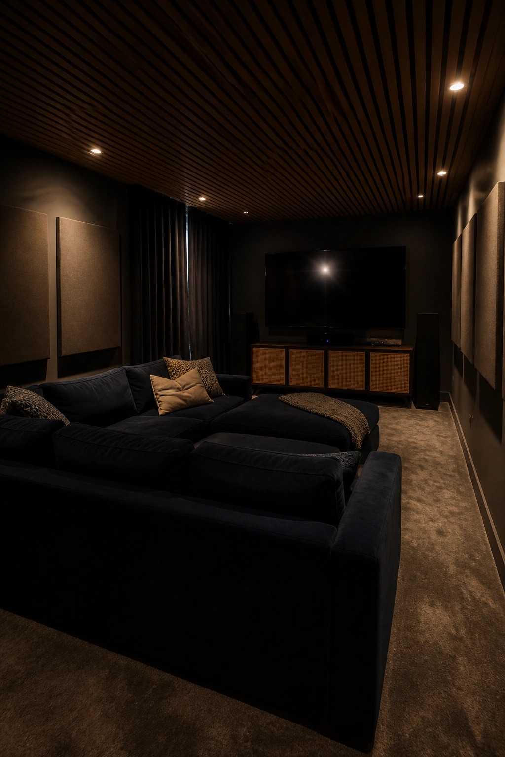 A dark home theater room with a large sectional sofa facing a wall-mounted TV and a wooden slat ceiling with recessed lights.