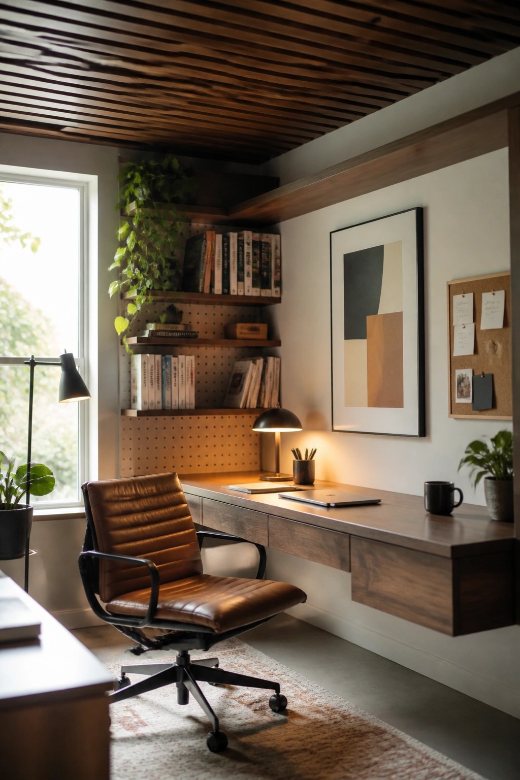 A home office interior featuring a dark wood slat ceiling, floating wood desk, brown leather office chair, pegboard bookshelves, and a large abstract wall print.