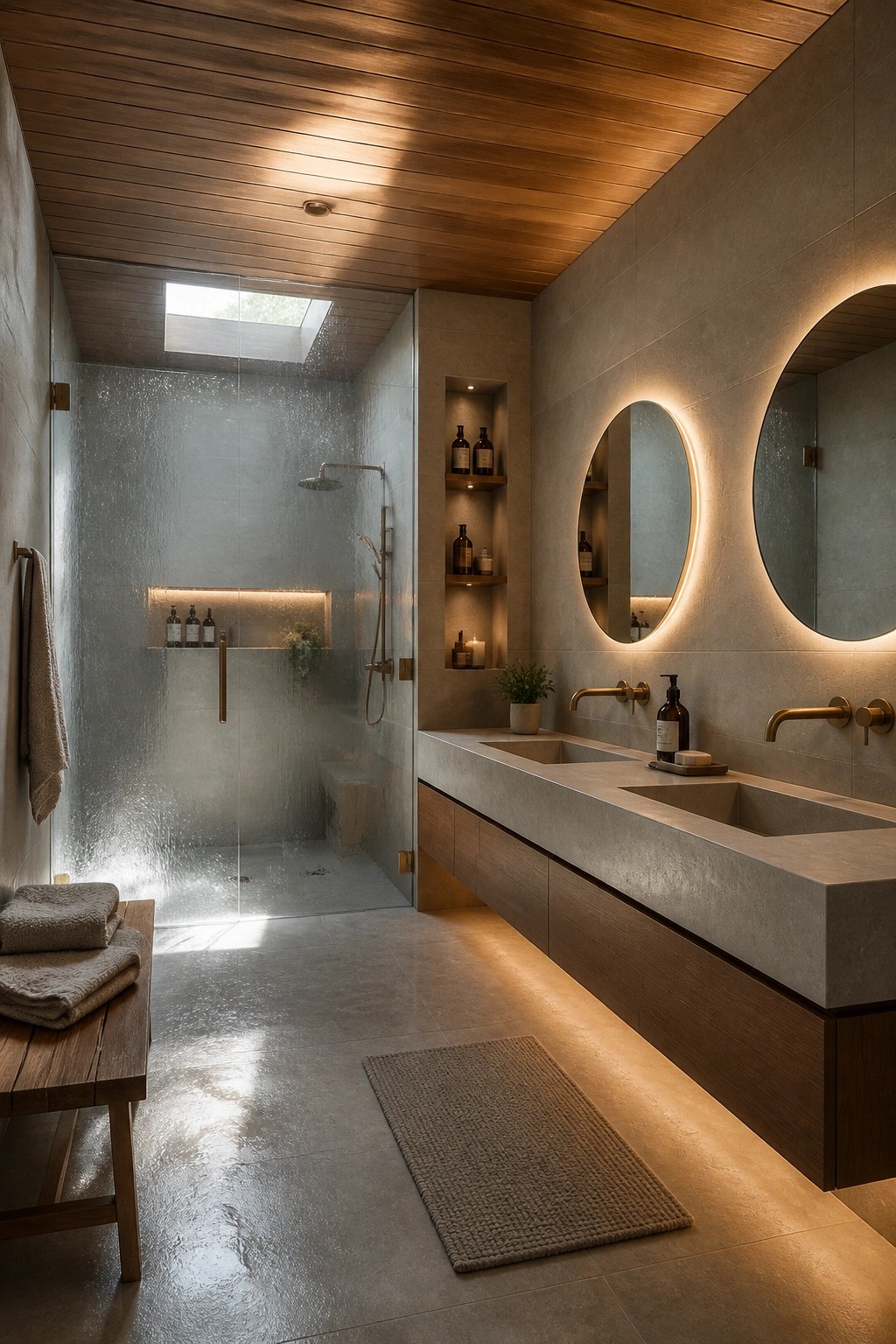 Modern bathroom with glass shower, concrete double vanity, and backlit round mirrors